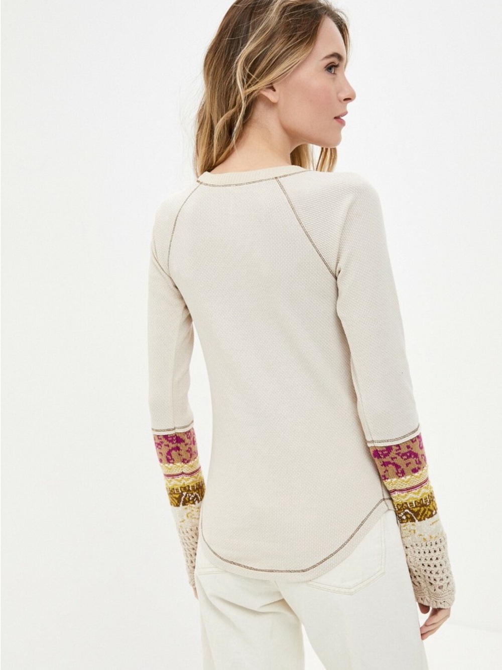 Free People In The Mix Cuff Long Sleeve Knit Top w/ Embroidered Crochet Cuffs M - Picture 2 of 12
